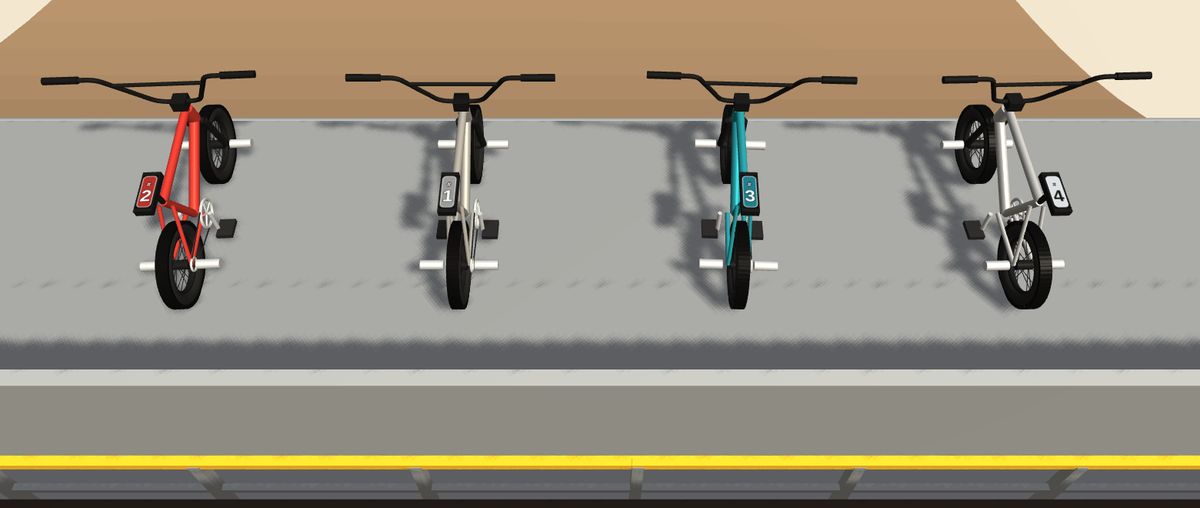 Four BMX bikes lined up on the launch deck: red number 2, grey number 1, teal number 3 and white number 4, each with its number on the seat.