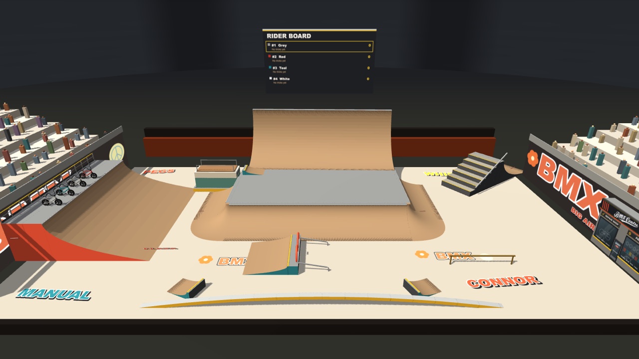 Overview of the street plaza inside the dome: tan ramps, charcoal sides, the mega quarter pipe, and the rider board.