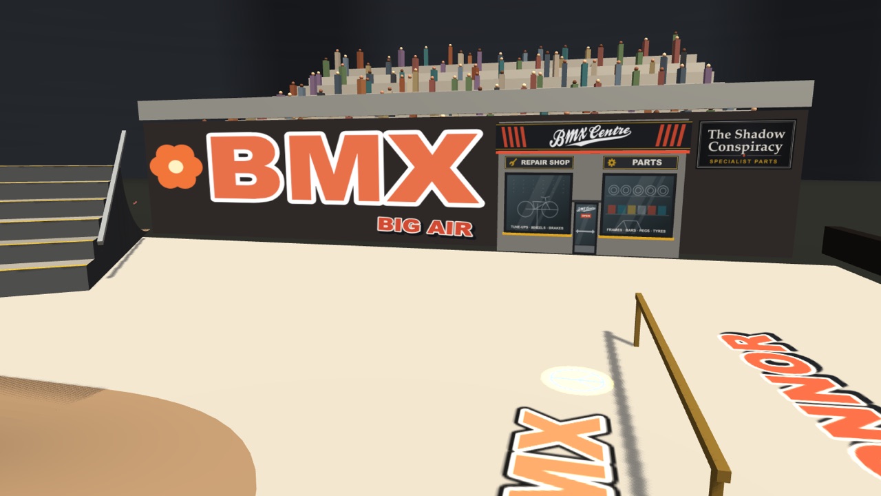 The BMX Centre shop front, with a repair shop and parts windows, beside a sign for The Shadow Conspiracy.